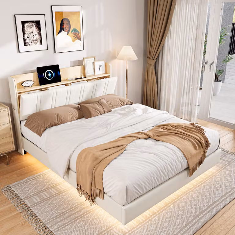 ProximaX Letto moderno galleggiante 160x200 cm con illuminazione a LED, connessione USB e spazio di archiviazione nella testata - Letto matrimoniale in Finto cuoio bianca con design galleggiante