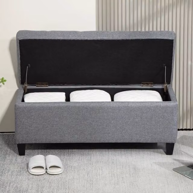 Panca Imbottita con Contenitore REDOM in Velluto Grigio L: 120 cm, P: 40 cm, H: 44 cm