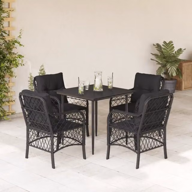 Set da Pranzo da Giardino 5 pz Nero con Cuscini in Polyrattan 3212097