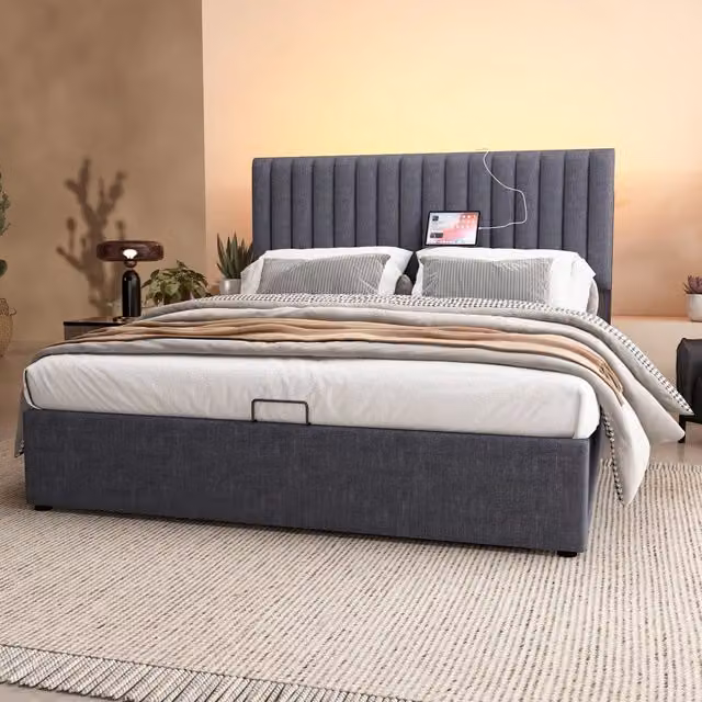 Letto contenitore Mivray in lino grigio con testiera LED, ricarica USB e rete a doghe, L/P/H: 140 x 200 x 106 cm – 1