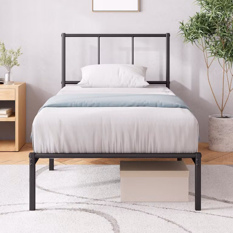 Letto matrimoniale in metallo, dimensioni 190x90 cm, con testiera, rete a doghe, spazio contenitivo, colore nero