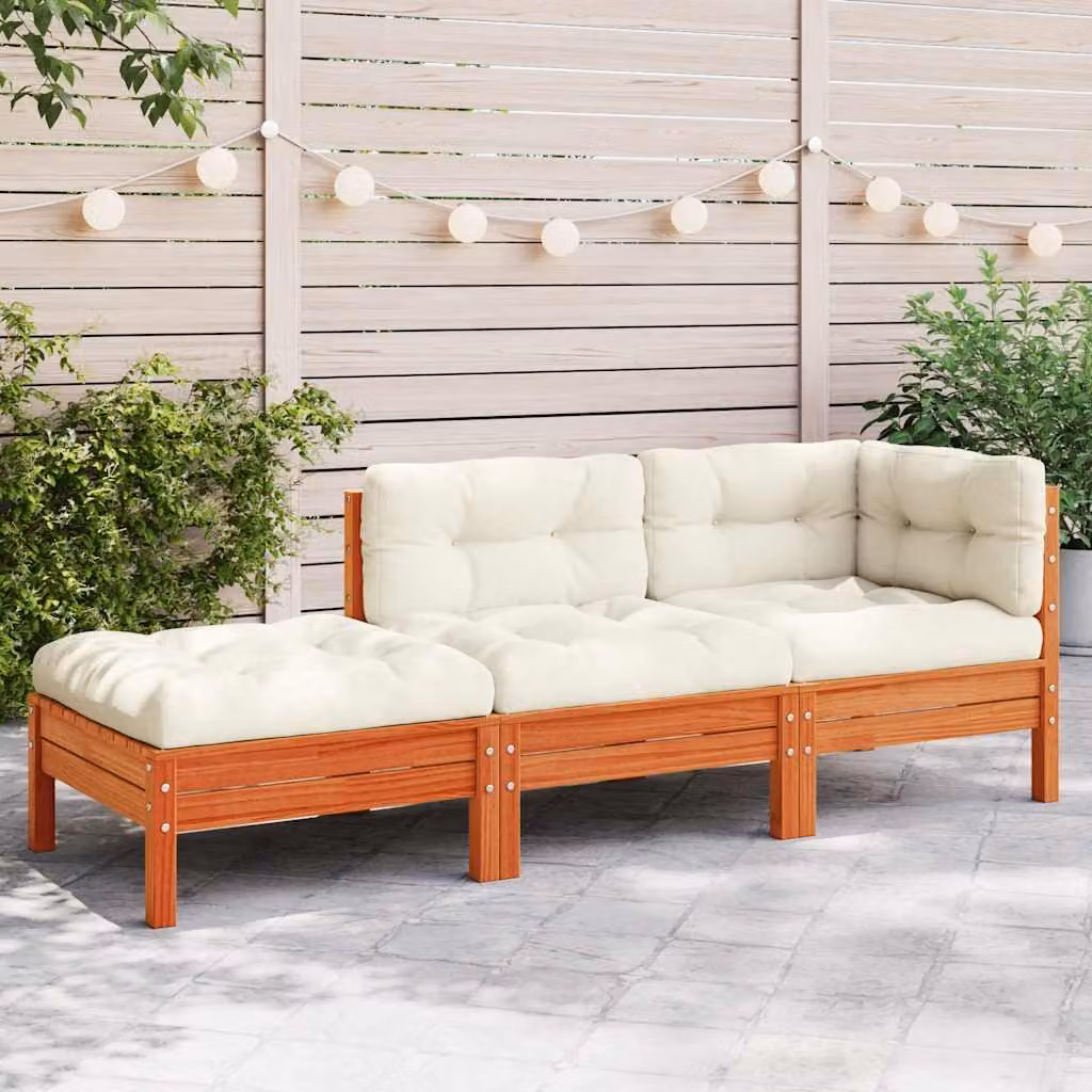 vidaXL Divano da Giardino ad L con Cuscini e Poggiapiedi, Legno di Pino Trattato, Marrone e Beige – 1