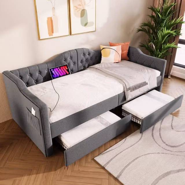 Letto Divano Singolo con 2 Cassetti e Porte USB Tipo C in Lino Grigio L/P/H: 90 x 200 x 43.5 cm