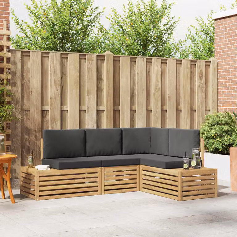 vidaXL Set di divani da esterno a L in legno di acacia con cuscini, Bianco e Antracite