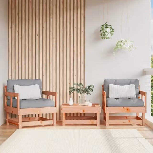 Set di 2 sedie da giardino in legno massello di Douglas con cuscini grigi per patio e terrazza – 1