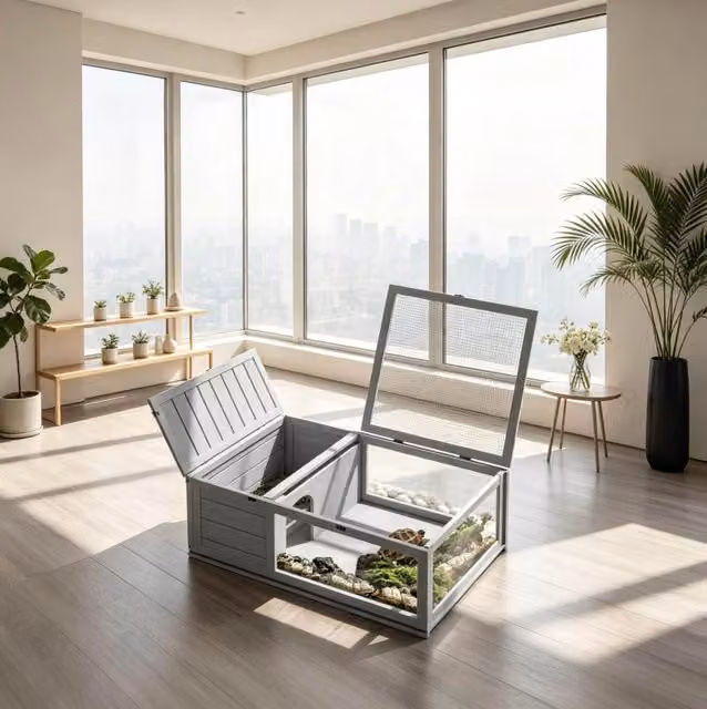 Casa per tartarughe in legno con gabbia in rete zincata 91x60,5x32 cm, ideale per esterni e interni