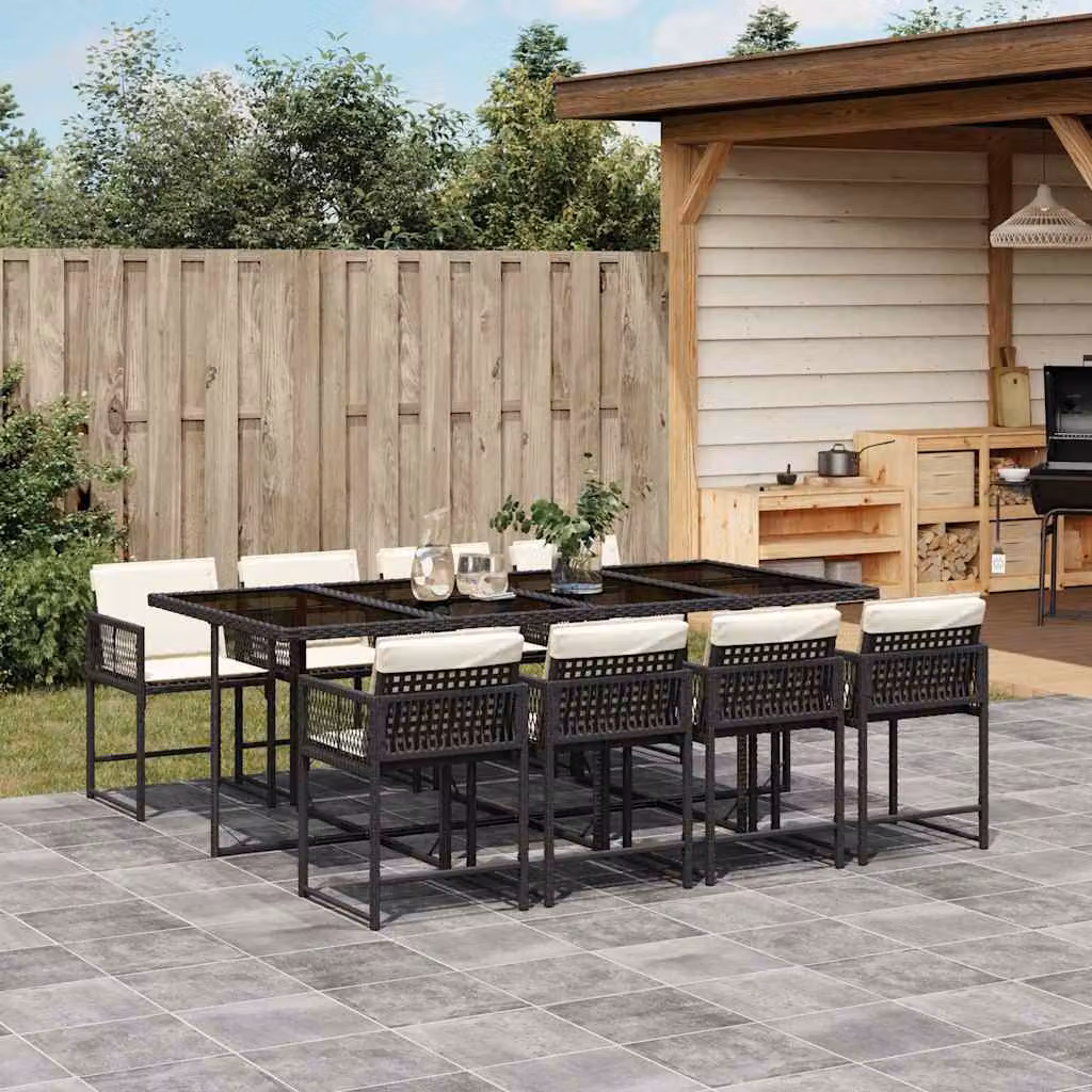 vidaXL Set da Pranzo da Giardino 9 pz in Polyrattan Nero con Cuscini e Tavolo in Vetro