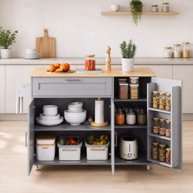 Isola da cucina mobile con piano ribaltabile effetto rovere L132,5 x P44(70) x H90 cm con 5 ruote, ripiani regolabili e portasalviette in legno