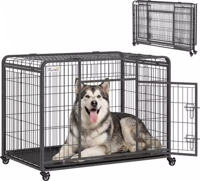 Gabbia per cani PawHut Aosom pieghevole con doppia porta, blocco di sicurezza, 4 ruote con freno e fondo rimovibile, L: 125 cm, P: 76 cm, H: 81 cm – 1