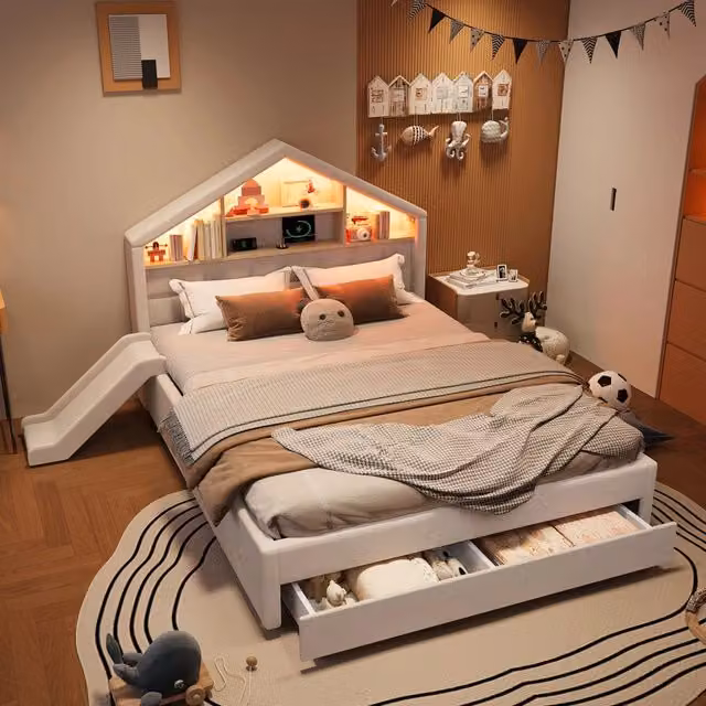 Letto per bambini 140x200 cm imbottito con LED; ricarica; scivolo reversibile e vano estraibile; velluto beige