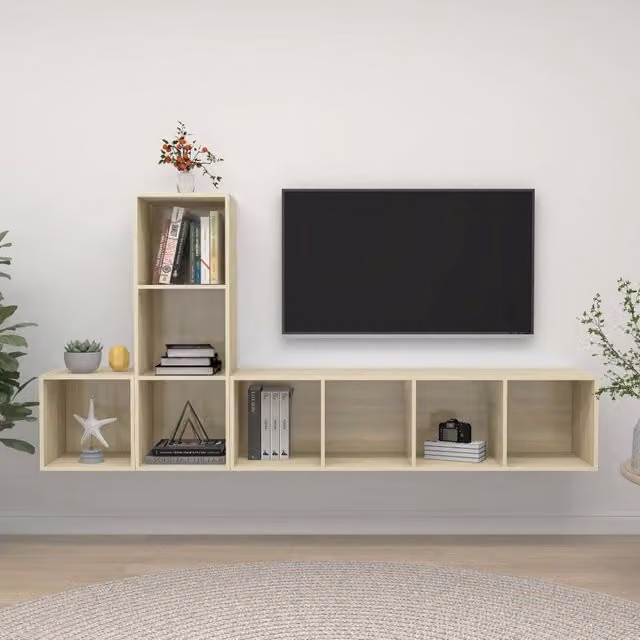 Set di mobili TV da soggiorno vidaXL in legno color rovere e beige, design minimalista a parete, 3 pezzi