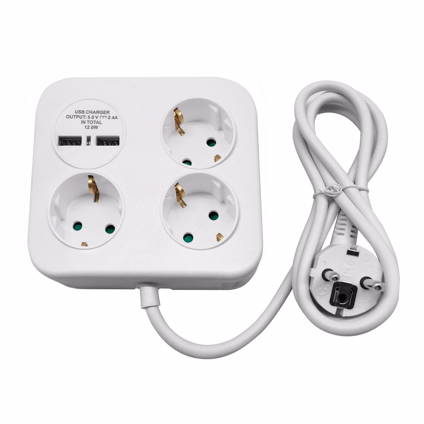 Cavo di prolunga con 3 prese e 2 x USB-A, 3 x 1,5 mm2, 1,4 m, bianco