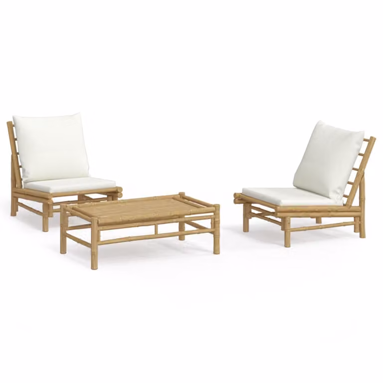 Set Salotto da Giardino 3pz con Cuscini Bianco Crema in Bambù