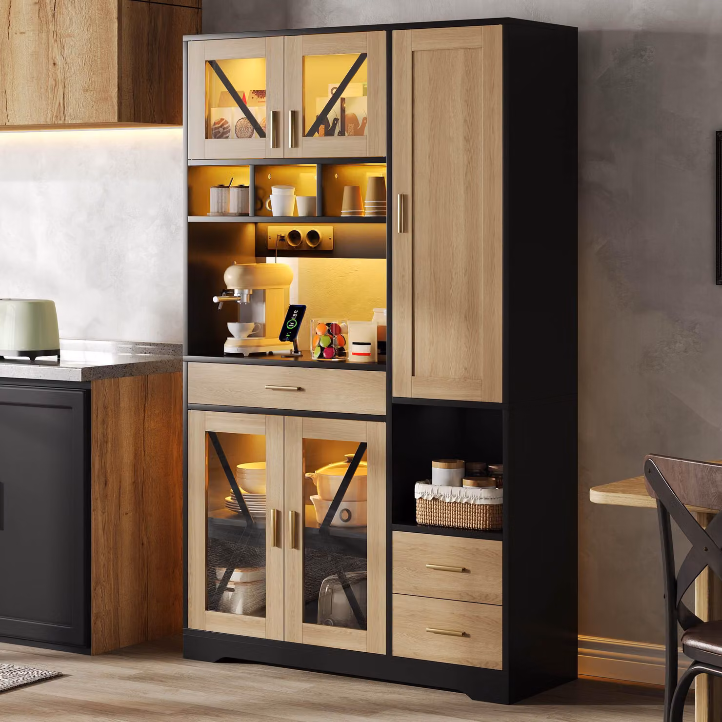 Mobile da cucina Flieks con illuminazione a LED e prese elettriche, vetrina con ripiani regolabili, mobile alto 105x40x185 cm, nero