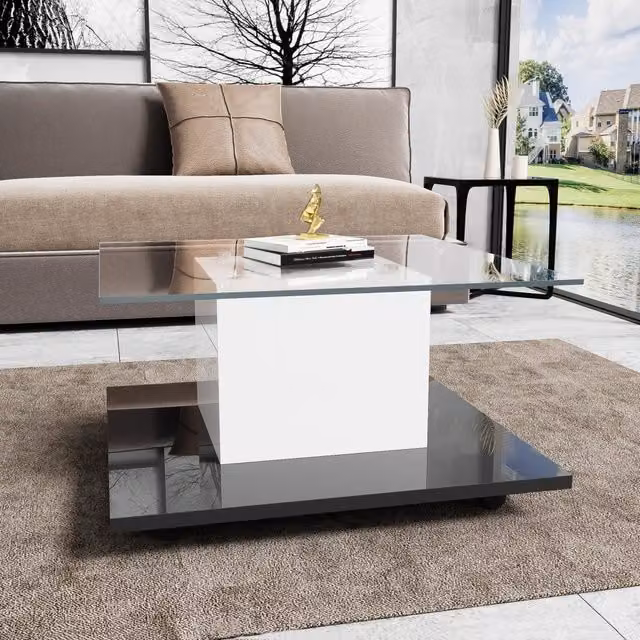 Tavolino da Caffè con Ruote e Striscia LED; Piano in Vetro Temperato; Finitura Lucida Bianco e Nero; 80×80×40 cm