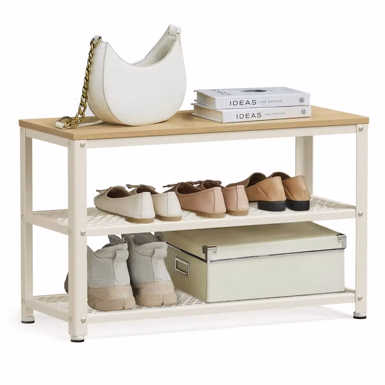 Panca Scarpiera Marrone Vintage e Nero, Beige Quercia + Bianco / 73 x 30 x 45 cm