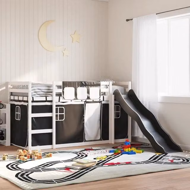 Letto a Castello con Scivolo e Tende Bianco e Nero 90x200 cm 3284110