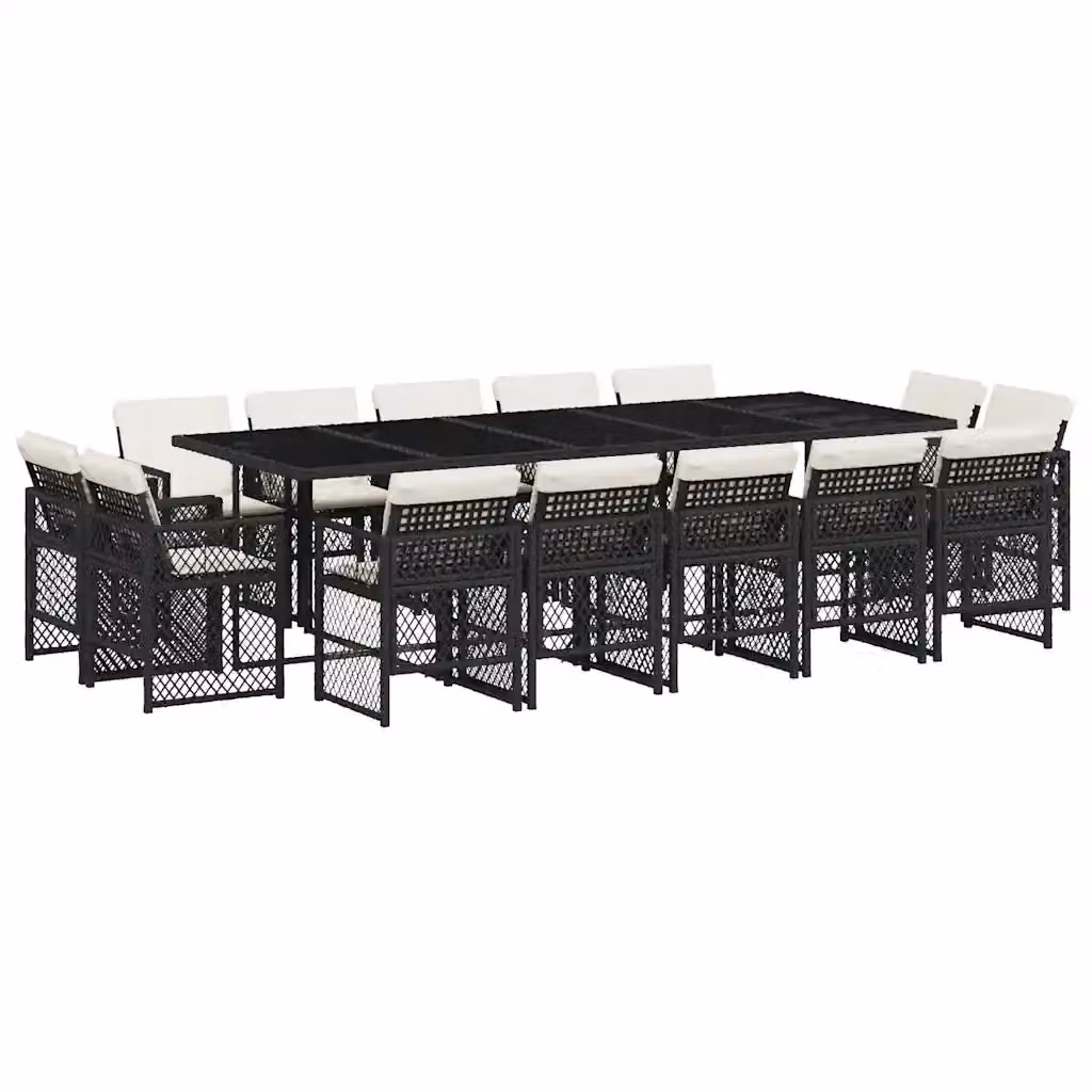 Set da Pranzo da Giardino vidaXL in Polyrattan Nero con Cuscini e Tavolo in Vetro, 15 Pezzi – 2