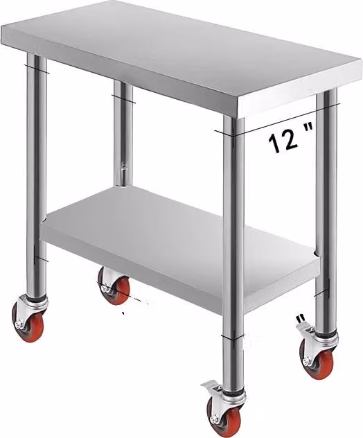 Tavolo da cucina in acciaio inox, 4 ruote piroettanti, capacità di carico da 100KG-300KG, 30 x 12 pollici