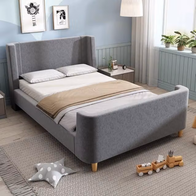 Letto singolo 90x200 cm grigio in velluto, rete a doghe e testiera imbottita, senza materasso