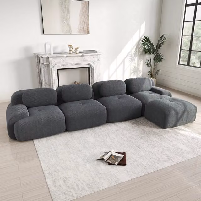 Divano angolare modulare senza telaio in velluto a coste grigio 388×178×70 cm
