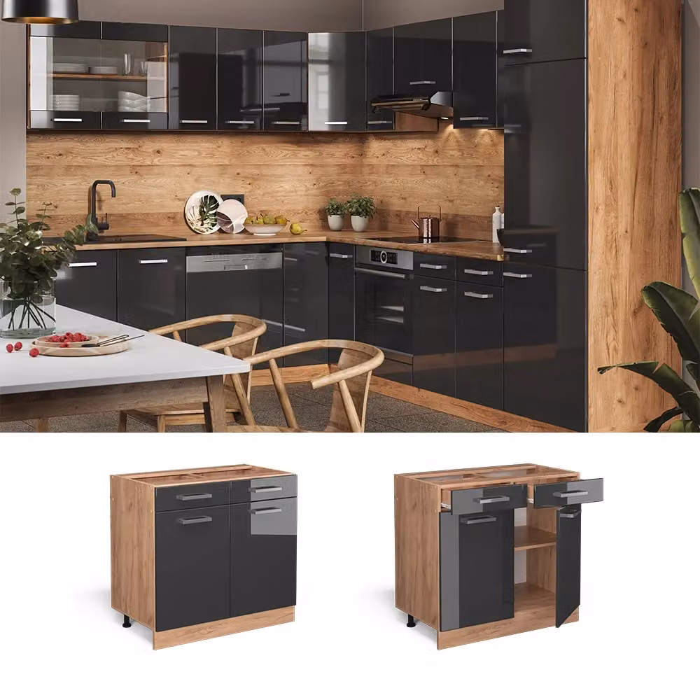 Mobiletto base per cucina Vicco R-Line Antracite lucido e Rovere dorato con ante a battente e cassetti, L: 80 cm – 2