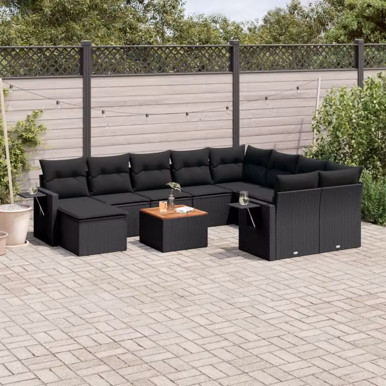 vidaXL Set Divani da Giardino a Forma di L 11 pz in Polyrattan Nero con Cuscini Imbottiti e Tavolino