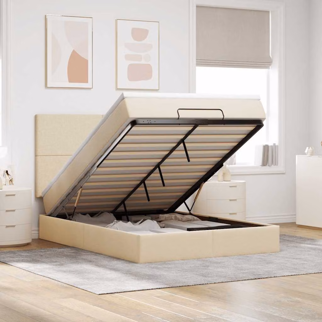 Letto con contenitore a sollevamento vidaXL in tessuto beige e bianco con materasso, L/P/H: 200 x 140 x 28 cm