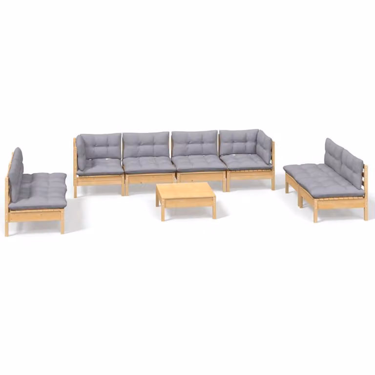 Set Divani da Giardino 9 pz con Cuscini Grigi Massello di Pino