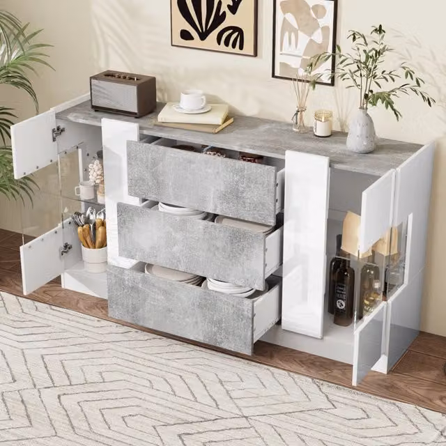 Credenza e madia LED con 2 ante e 3 cassetti, finitura marmo grigio e bianco lucido, per soggiorno, 140 × 35 × 75 cm