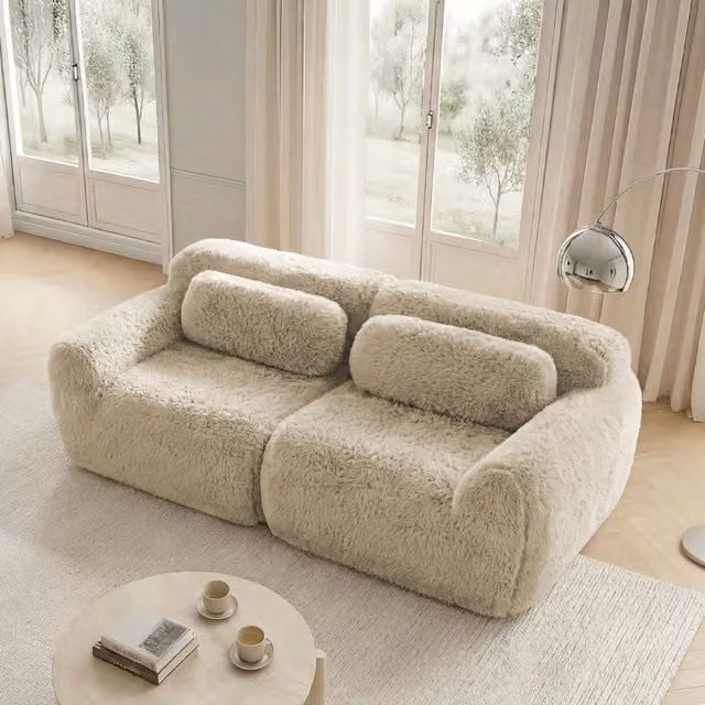 Divano angolare modulare MIVRAY a 2 posti in tessuto peluche beige per il tuo soggiorno