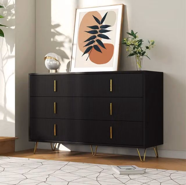 Credenza moderna a 6 cassetti 120x40x77 cm in truciolare nero e oro