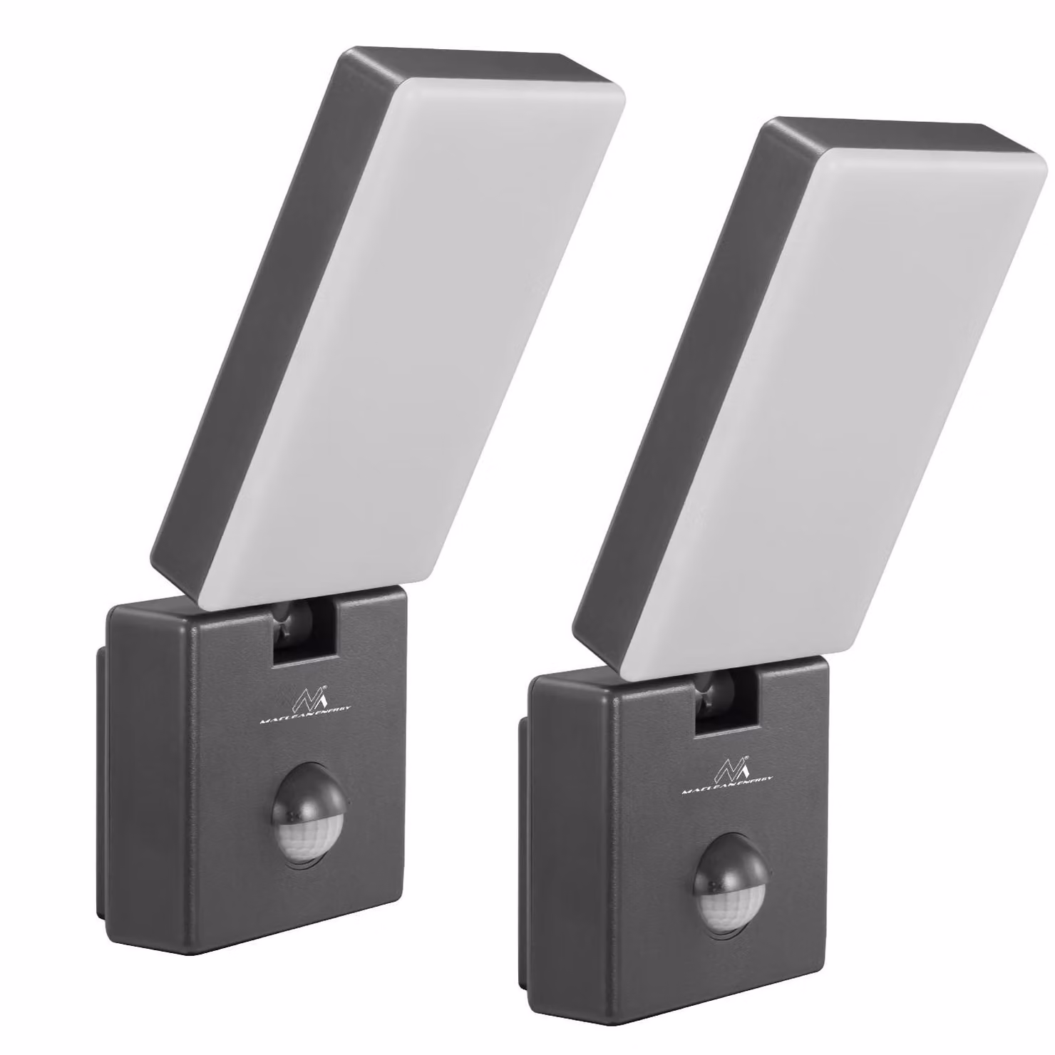 2 lampade LED Maclean con sensore di movimento. Sensore di movimento PIR, colore: grigio. 10 W, grado di protezione IP65, 800 lm. Temperatura di colore: bianco neutro (4000 K). Codice prodotto: MCE516 GR