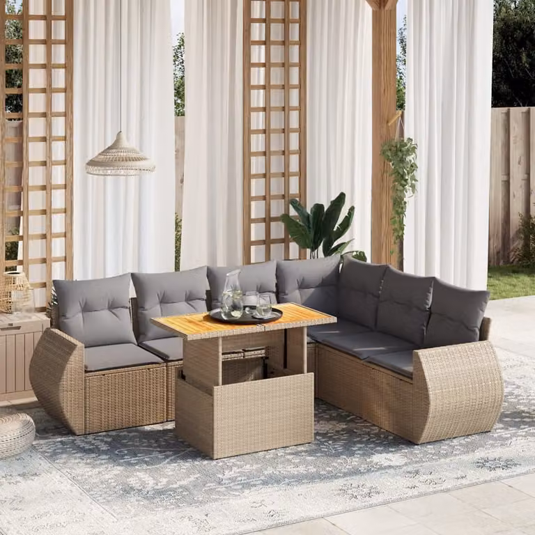 vidaXL Set Divani da Giardino 7 pz a Forma a L in Polyrattan con Cuscini Beige e Tavolino da Esterno