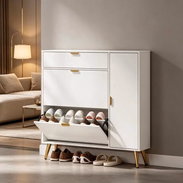Scarpiera moderna Mivray bianca con ante a ribalta e vano laterale, L: 99.4 cm, P: 23.8 cm, H: 106.6 cm