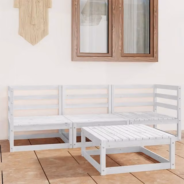 Set da giardino vidaXL composto da 4 pezzi in legno di pino bianco con divano ad angolo, tavolino e cuscini inclusi