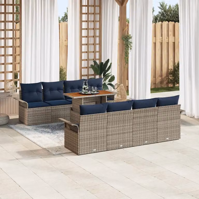 Set Divano da Giardino vidaXL 7 Pezzi a Forma di U con Tavolino, Colore Grigio e Blu Navy, Struttura in Acciaio Verniciato a Polvere e Legno di Acacia
