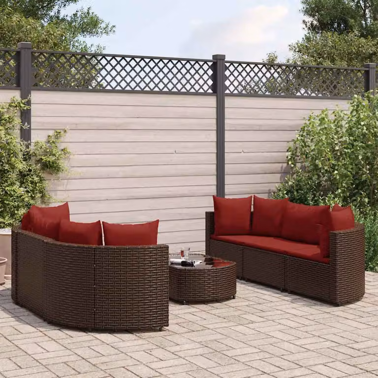 Set di divani da giardino vidaXL 7 pezzi con cuscini marroni e rossi in rattan e struttura in metallo per esterno