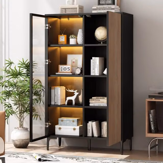 Vetrina con 2 ante; 8 vani e LED RGB controllabile tramite app in MDF nero e color legno 90 × 40 × 135 cm