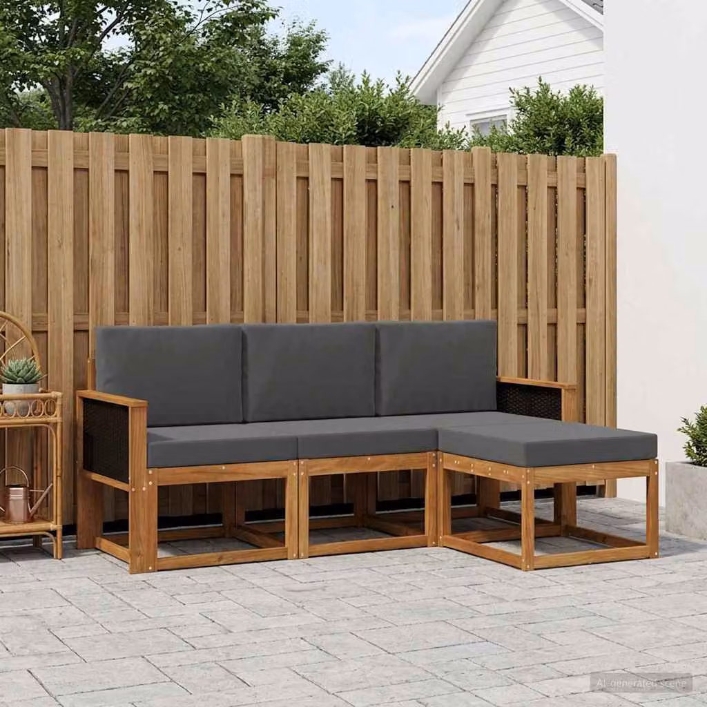 Set di divani da esterno vidaXL a forma di L in legno di acacia con pouf e cuscini, Beige e Antracite