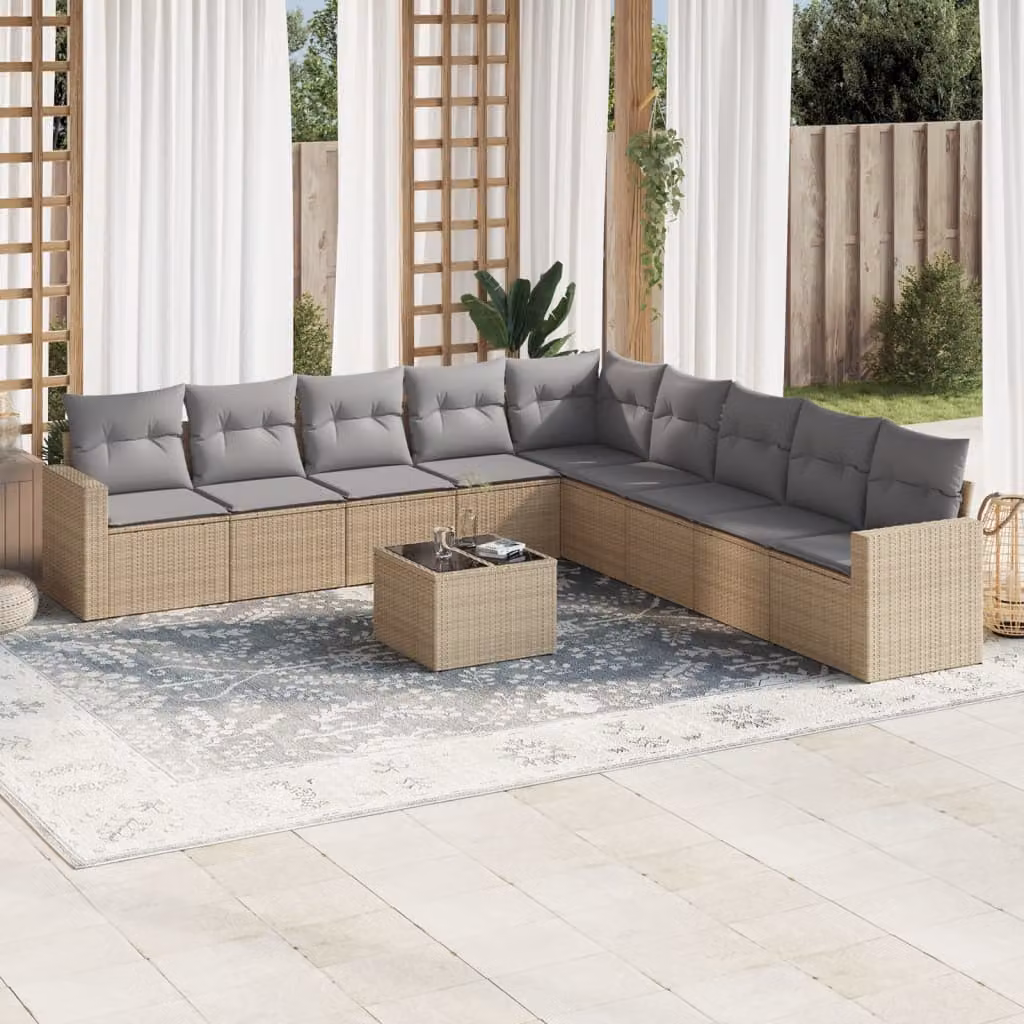 vidaXL Set Divano da Giardino a L 10 pz con Tavolino in Vetro e Cuscini Beige in Polyrattan e Acciaio – 1