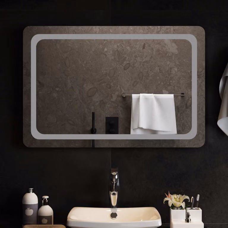 Specchio da bagno moderno vidaXL con illuminazione LED in vetro temperato, L 90 cm x H 60 cm