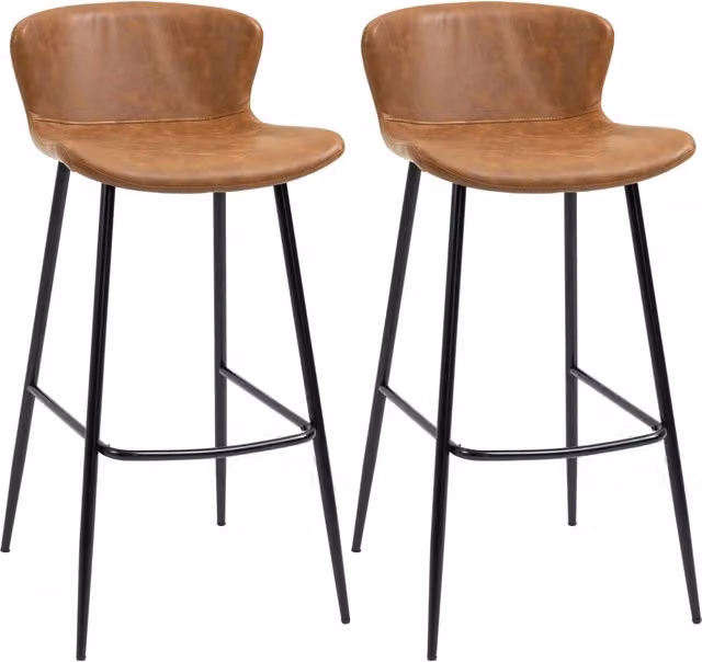 Sgabello da bar Minimal con schienale e poggiapiedi in similcuir marrone e struttura in metallo, Altezza: 76 cm