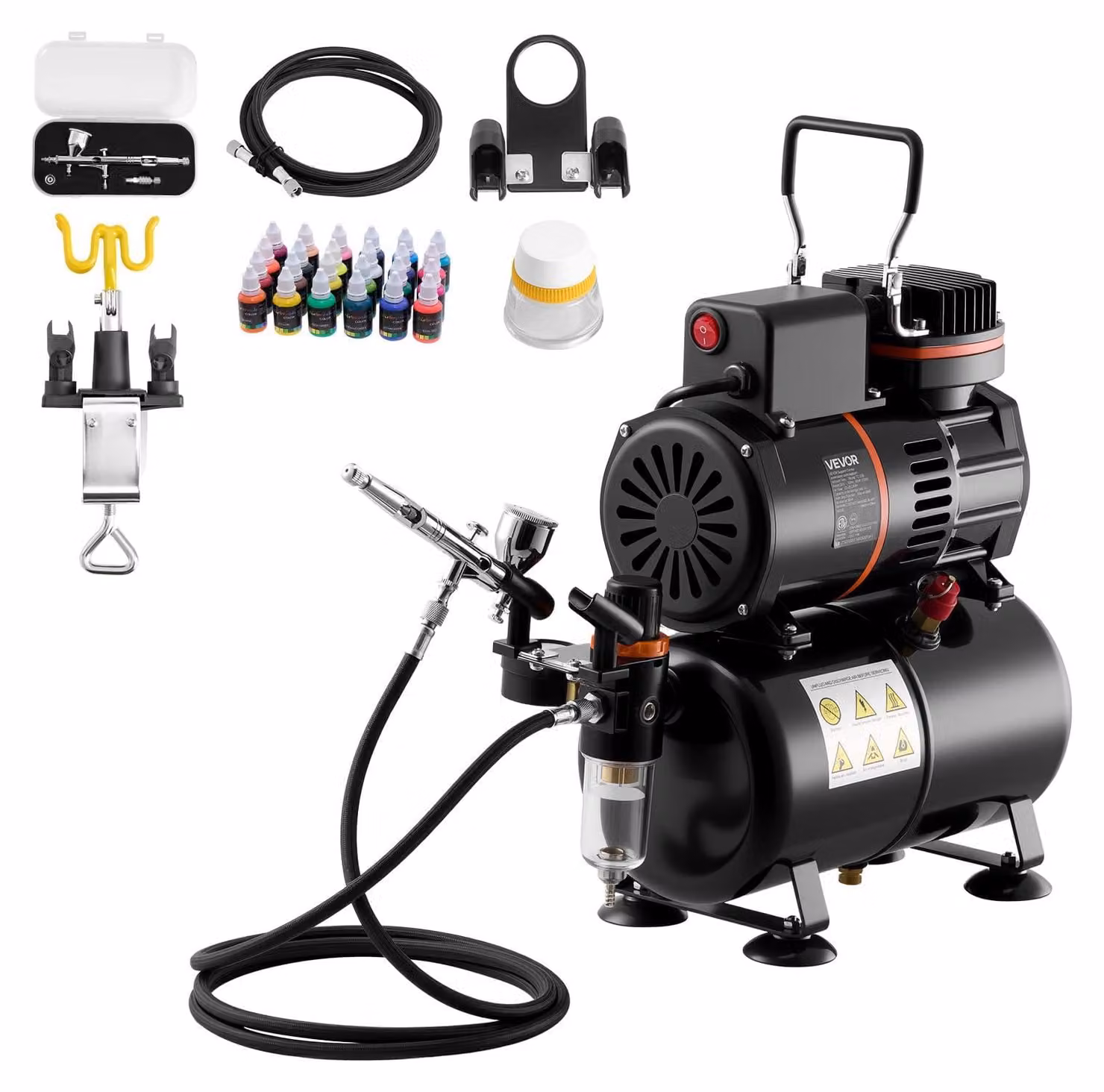 Set di aerografi VEVOR 1/6 hp con compressore d'aria e serbatoio, 1 aerografo a doppia azione con 1 ugello (0,3 mm) e tubo flessibile e vernice acrilica (24) e 2 ventole, per la decorazione di torte, la pittura di modelli e la nail art