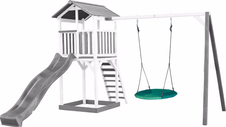 AXI Beach Tower parco giochi di legno in grigio e bianco | Torre di gioco con sabbiera, altalena a nido e scivolo grigio | Casa per bambini su palafitte per il giardino