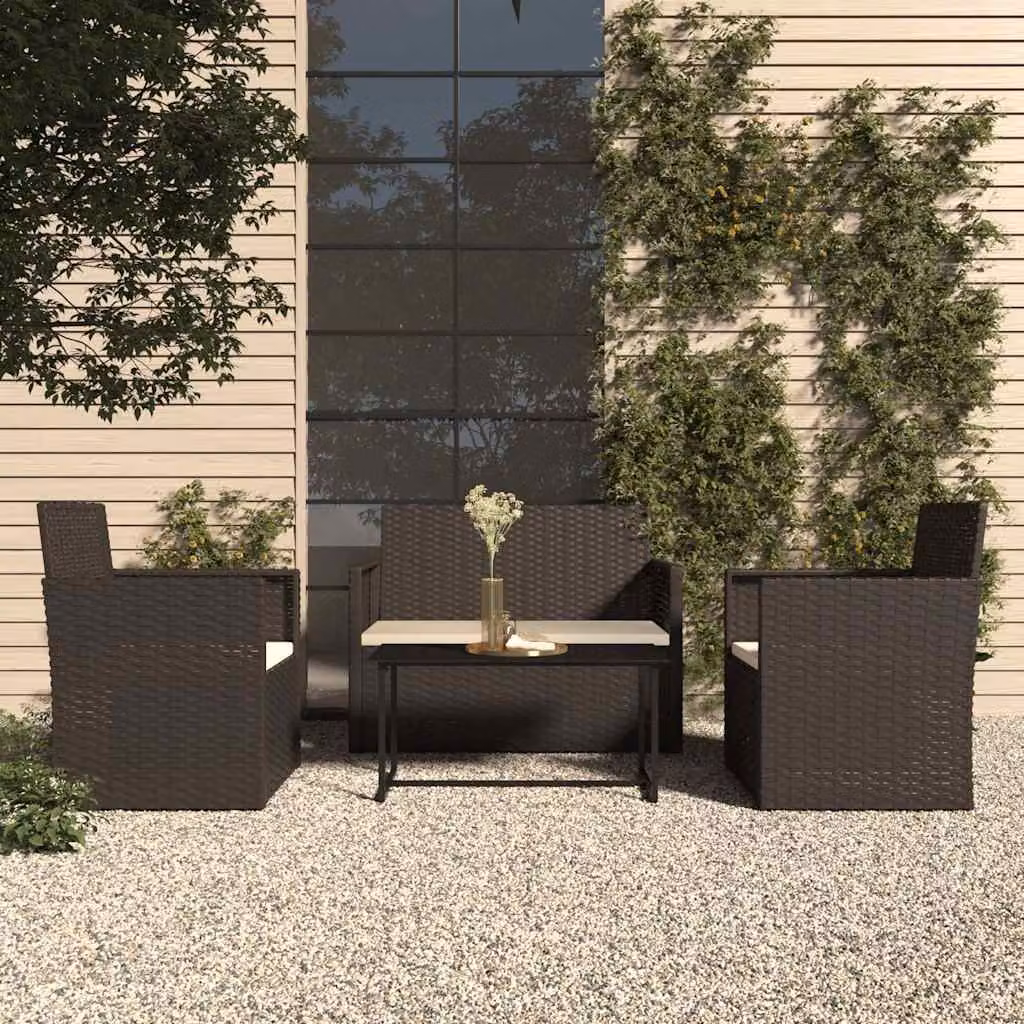 Set Salotto da Esterno vidaXL 4 Pezzi con Cuscini, Divano a 2 Posti, Poltrone e Tavolino, Polyrattan Nero e Bianco con Struttura in Acciaio Verniciato a Polvere