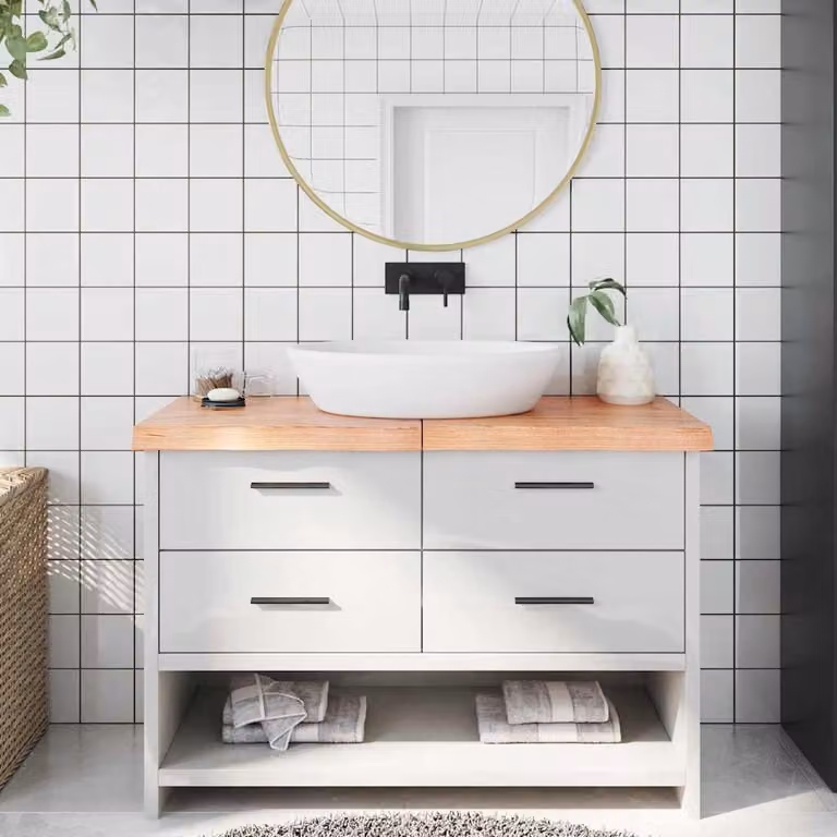 Piano Bagno vidaXL in Legno Massello Trattato, Colore Marrone e Bianco, L: 120 cm, P: 60 cm, H: 2-6 cm