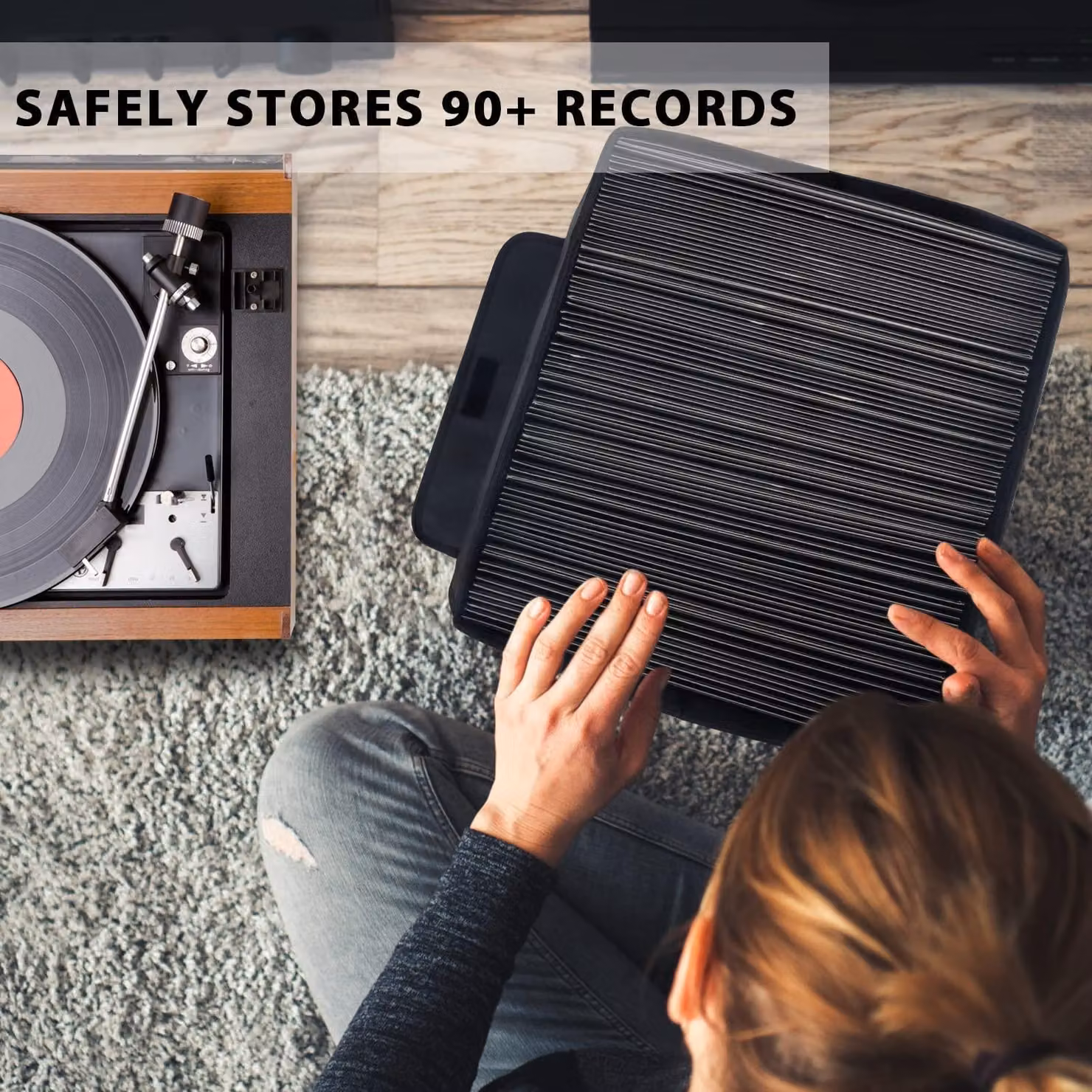 Custodia per dischi in vinile da 12 pollici, colore nero, capacità per 90 LP, dimensioni 14x13x13 pollici, confezione singola, ideale per il soggiorno
