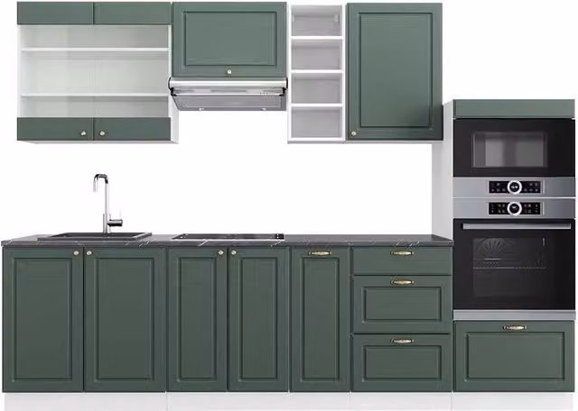 Cucina componibile Fame-Line Vicco in stile country house, Verde-oro rustico e Bianco con piano Antracite, L: 280 cm – 1