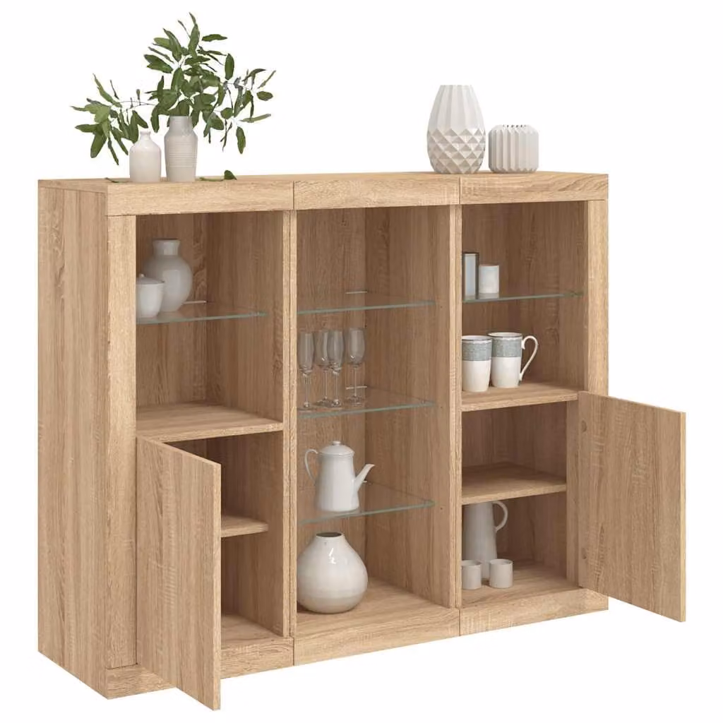 Set di 3 credenze moderne vidaXL con luci LED integrate in legno multistrato color rovere sonoma